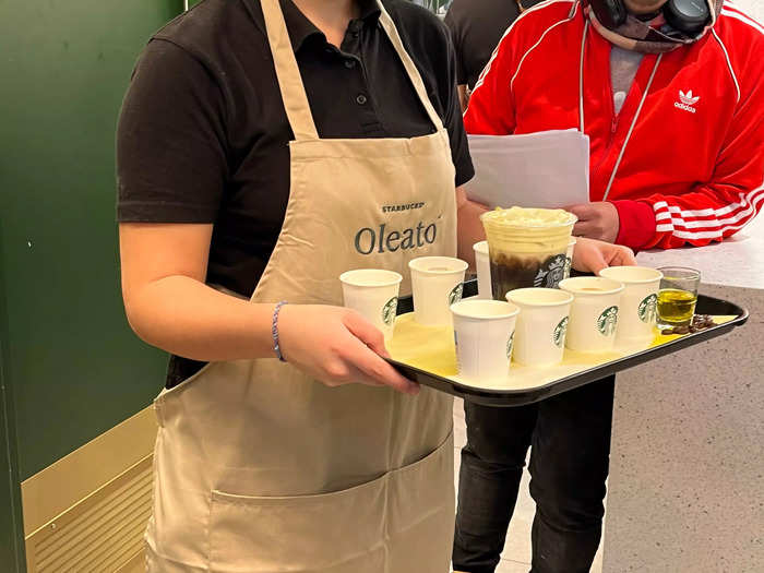 The next day, the same Starbucks was filled with signs and drink samples advertising the Oleato line.