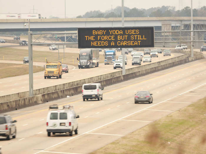 A Mississippi roadside safety message saying: "Baby Yoda uses the Force but still needs a carseat."