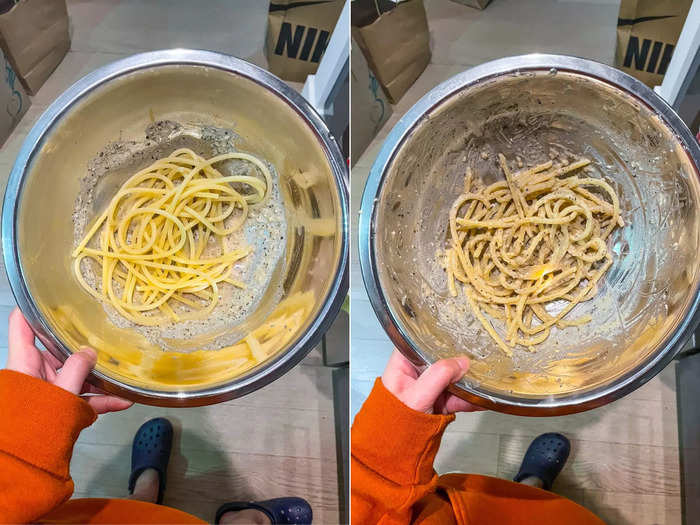 Once the pasta is ready, I transfer it to the bowl with tongs, reserving all the starchy water for later.