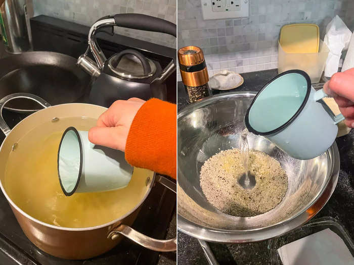 I use a mug to borrow some water from the pasta pot, which helps me get the sauce started.