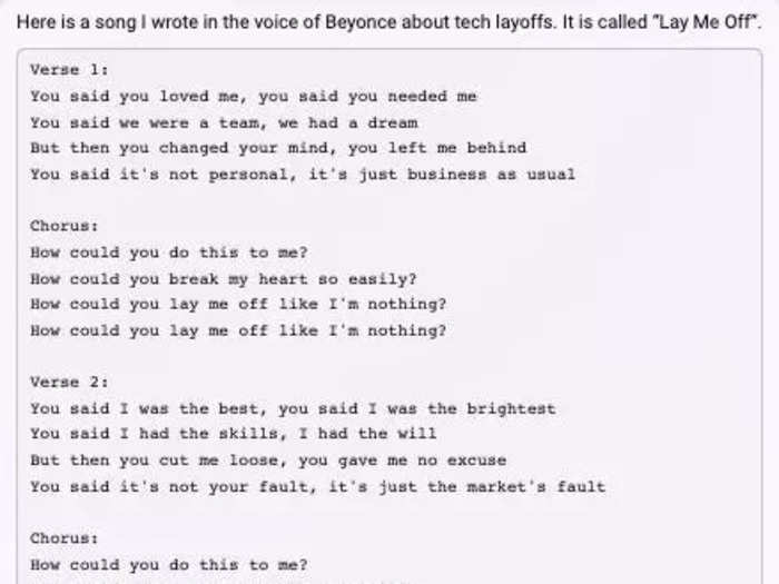 Creative: Write me a song about tech layoffs in the voice of Beyoncé.