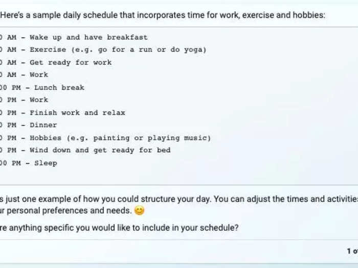 Precise mode: Can you write me a daily schedule that incorporates time for work, exercise, and hobbies?