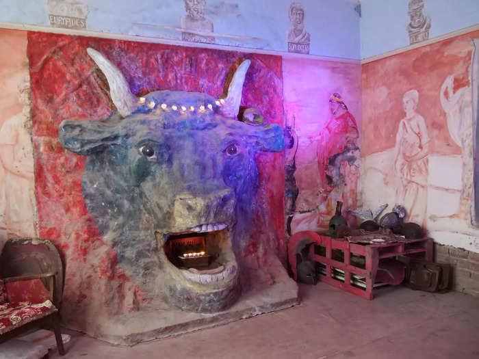 Gittins based each room in the apartment on a different period of history. A large sculpture of a Minotaur is the centerpiece of the ancient Greek room.