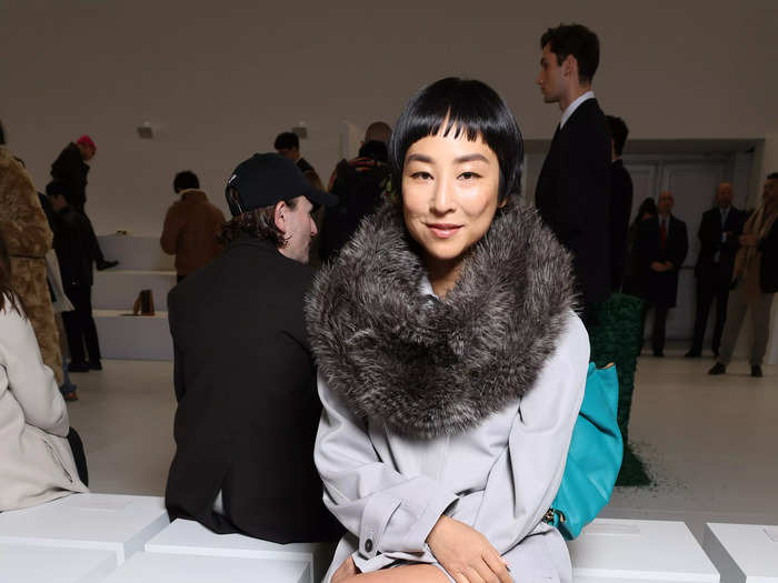 "The Morning Show" star Greta Lee wore a pair of gold-and-silver metallic shoes during Paris Fashion Week.