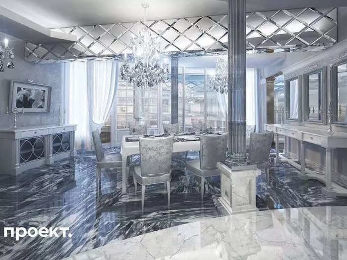 Among the rooms is a floor-to-ceiling marble dining room.