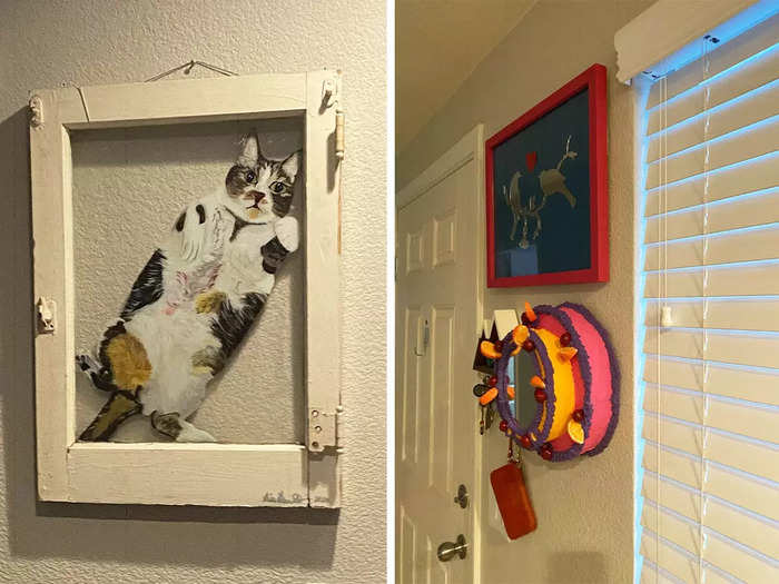 Many of the pieces in my home have a deep significance, like the cat portrait and the mirrored birds.