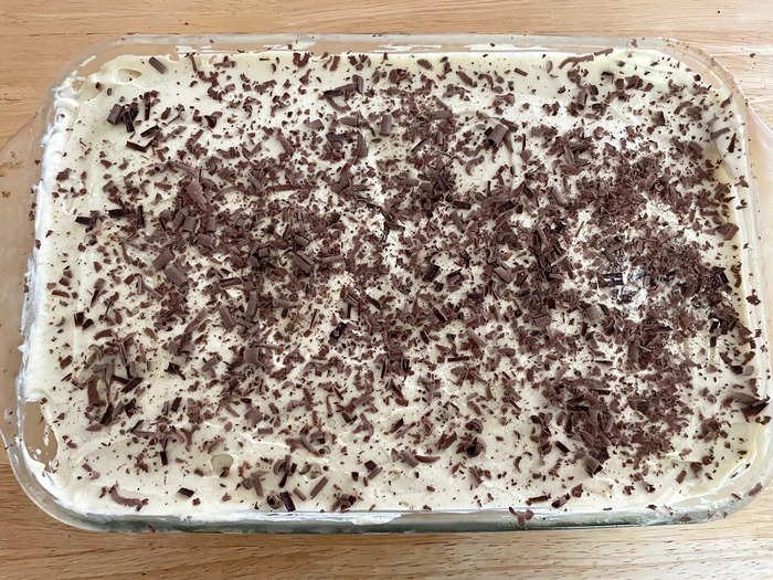 Once my tiramisu was ready, I decorated it with chocolate shavings.