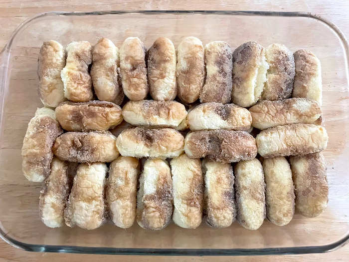 I dipped each ladyfinger in the espresso-rum mixture and lined the bottom of my 9-inch by 12-inch baking dish.