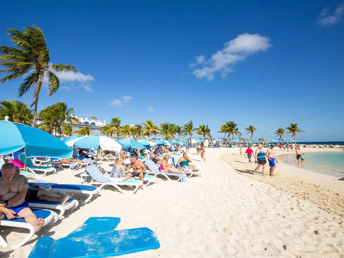 Instead, there were rows of beach lounge chairs, umbrellas, and palm trees …