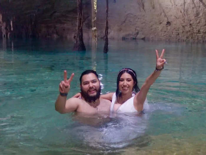 The newlyweds also jumped into the water together after both of their ceremonies were over.