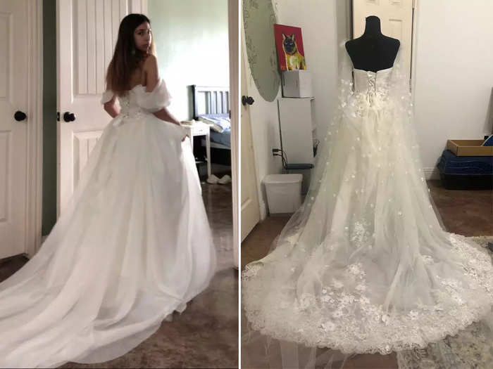 Alondra started making her dress for her Catholic ceremony using a gown from Amazon as the base of the look.