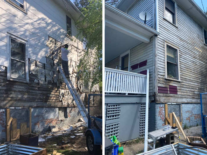 One of the biggest tasks was removing the asbestos panels that were covering the original wood sidings on the exterior of the house.