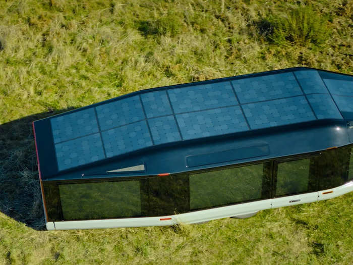 The RV can stay off-grid for a week using its battery system and three kilowatts of solar.