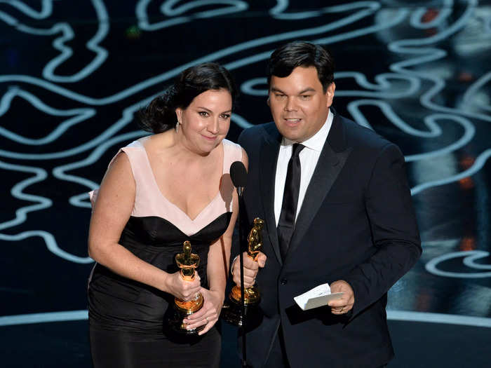 Kristen Anderson-Lopez and Robert Lopez toed the line between charming and cringe with their sing-song speech.