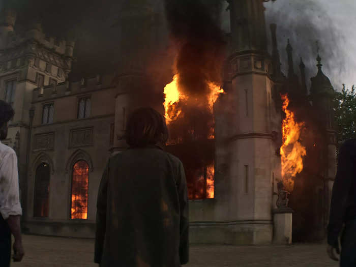 The fire in the external shots of Hampsie House were visual effects — and the dungeon scenes were filmed on a stage.