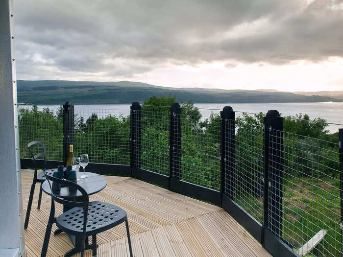 The wrap-around balcony overlooks the Sound of Mull, which divides the Isle of Mull from mainland Scotland.