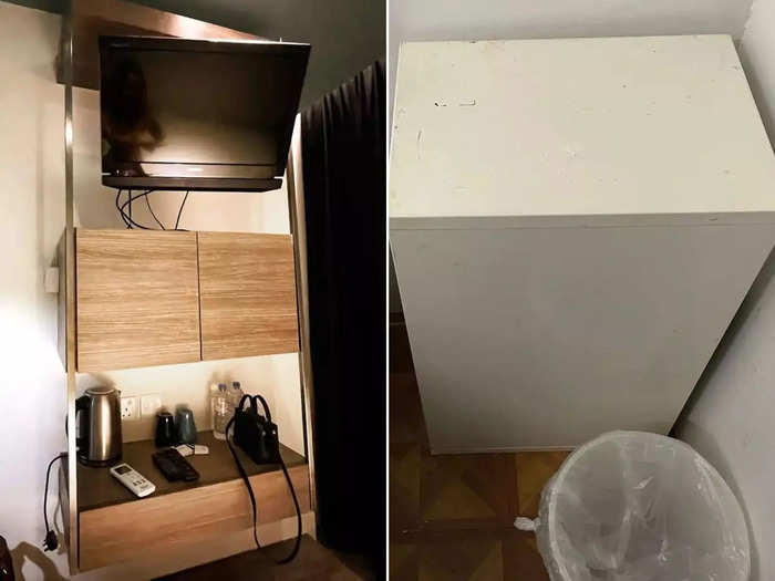 The room in the Singapore hotel had an electric kettle and television, while the New York hotel only had a bed and a small side table.