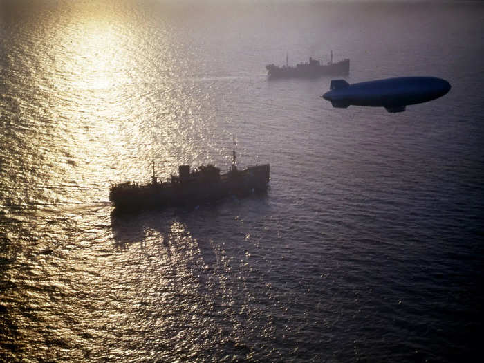 In World War II, the US used untethered blimps called K-ships for surveillance. They were especially useful for finding submarines since they could hover above the sea for long periods, while soldiers watched for any movement in the water below.