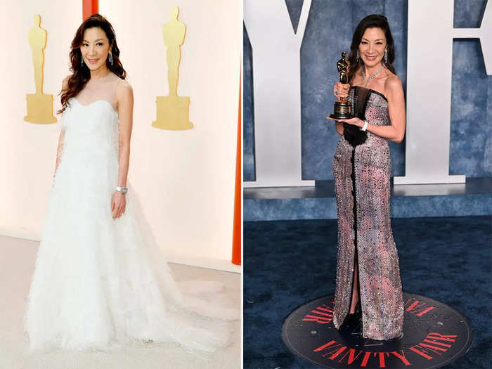 Michelle Yeoh replaced her white ceremony dress with a colorful gown.