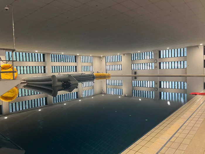 The first room was just one part of the training facility. Down the hall was also a giant swimming pool, which is about 10 feet at its deepest point. And, it can even simulate rough waves.