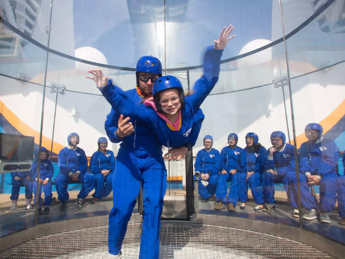 RipCord by iFLY is a sky diving simulator that makes guests feel like they are flying by blasting a high-powered curtain of air upwards. It features on Royal Caribbean ships including Quantum of the Seas and Anthem of the Seas.