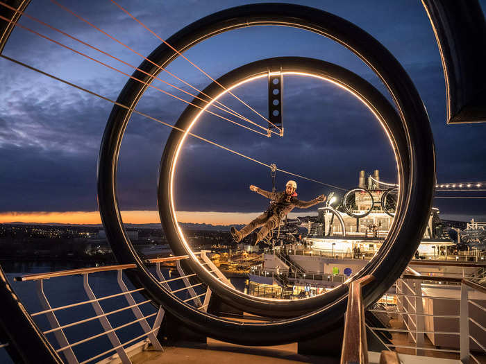 MSC cruise ships Seaside and Seaview feature an almost 400 foot long zipline which drops three decks.