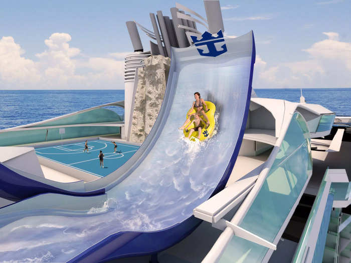 Tidal Wave is a boomerang-style slide powered by high-pressure water that shoots guests upwards before they slide back down to earth. It features on Royal Caribbean