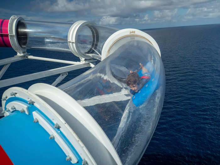 Riptide is a head-first mat racer water slide that hurtles guests through a translucent tube on the side of the ship, with a view of the ocean. It can be found on Royal Caribbean