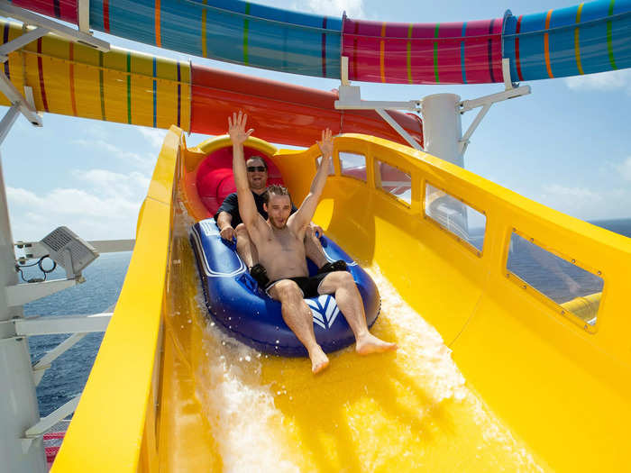 The Blaster is the longest waterslide at sea, according to Royal Caribbean, and has a 245 meter-long stretch of slide floating above the ocean. It is located on Royal Caribbean