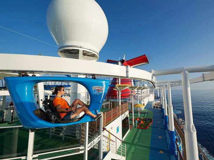 SkyRide is a monorail-style bike ride high above the sea, taking passengers on a tour around the ship on Carnival Cruise Line ships Horizon, Panorama, and Vista.