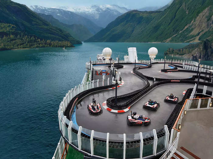 A two-story race track with karts reaching speeds of 30 miles-per-hour features on Norwegian Cruise Line ships Encore, Joy, and Bliss, with Bliss sporting the longest race track at sea.