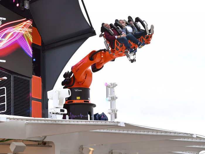 Robotron is a robotic arm with an attached gondola that seats three people and flies them out 53 meters above the sea, whilst rotating riders and giving them a 360-degree view of the ocean. It is available on the MSC cruise ship Seascape.