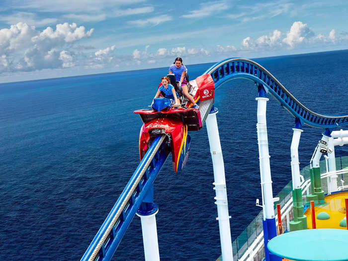 Bolt is the first and fastest roller coaster at sea on Carnival Cruise ships Mardi Gras and Celebration. It zooms around an open-air course at 40 miles-per-hour, reaching as high as 187 feet above sea level, with 360-degree views of the ocean.