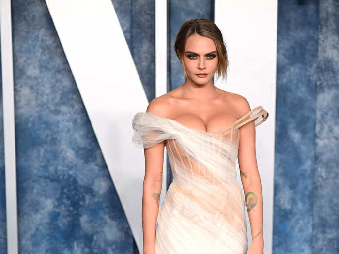 For the Vanity Fair Oscar Party, she changed into an ethereal off-the-shoulder gown with an exposed corset.