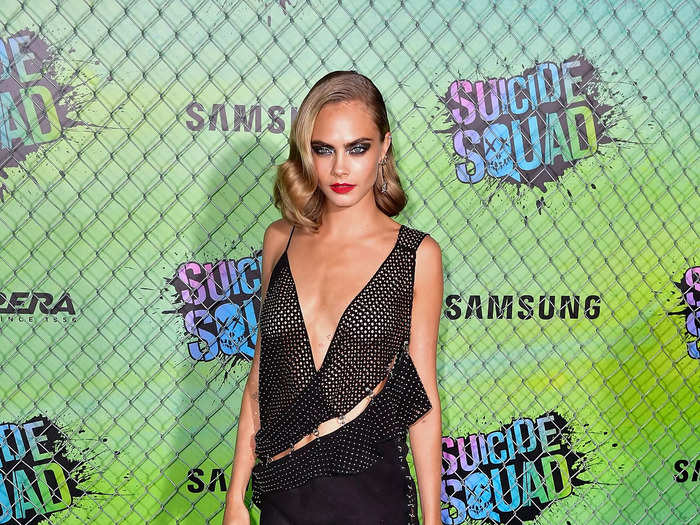 The "Suicide Squad" star attended the August 2016 premiere in a mesh dress held together by silver rings.