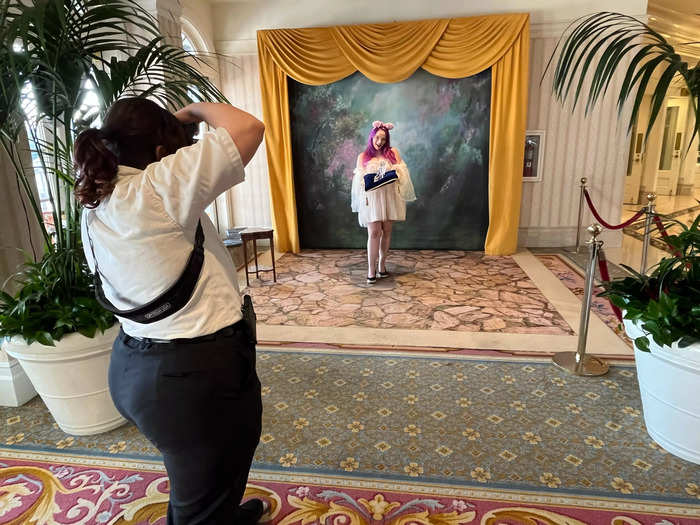 The second floor of the lobby had a spot where you could take photos with cool props, like Cinderella