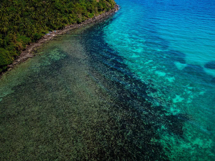 The usually clear blue water that surrounds the island has turned black.