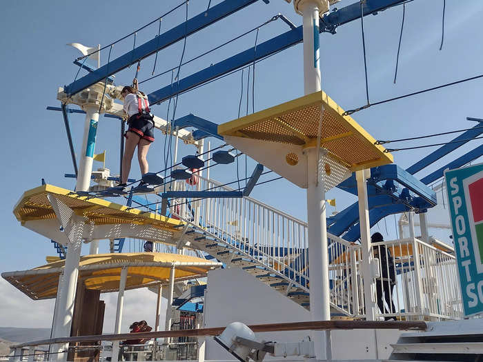 I always have fun balancing my way across the ropes course at Carnival