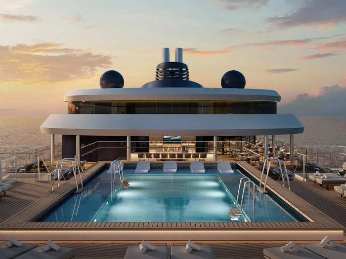 However, it does have a pool deck, a separate aft infinity pool, five restaurants, six bars, several lounges, and a spa.