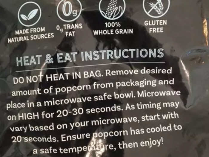 On the back of the bag, instructions suggest heating the popcorn for 20-30 seconds.