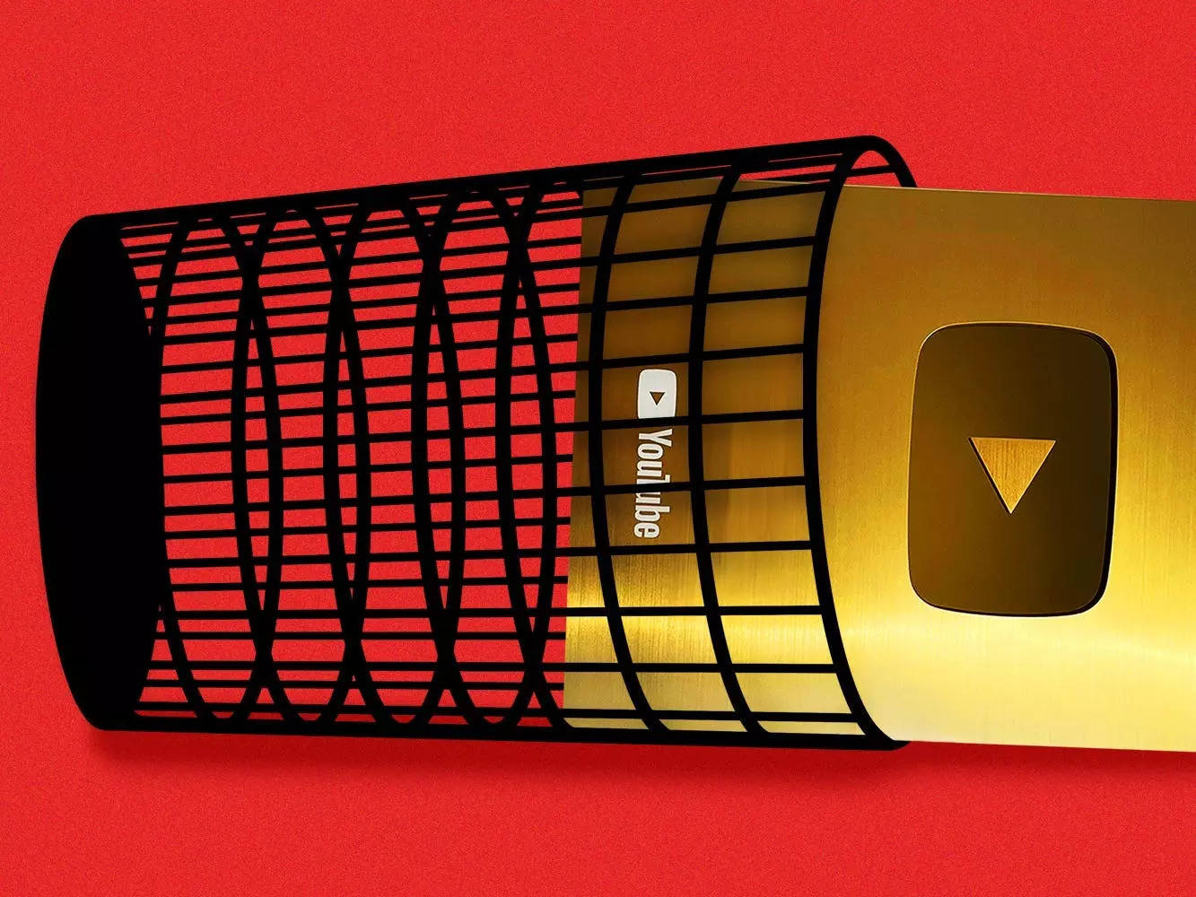 A gold Youtube subscriber plaque lies inside a knocked-over wire trash can.