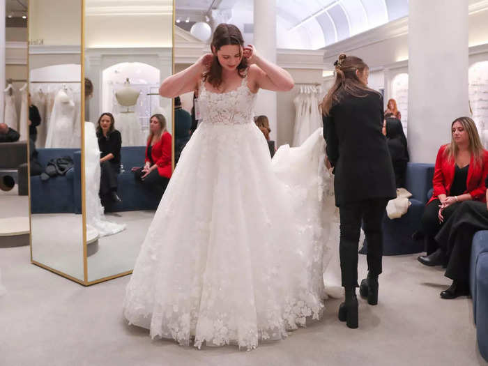 You need to go to the floor to truly see what a gown looks like, especially if it has a train.