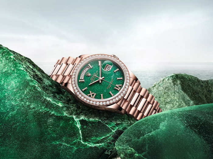 This year there are three versions of the Day-Date 36 model inspired by the Mediterranean coast. One featuring a shimmering green aventurine dial.