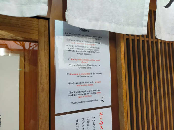 The restaurant has rules prohibiting customers from sitting, smoking, or jumping the line.