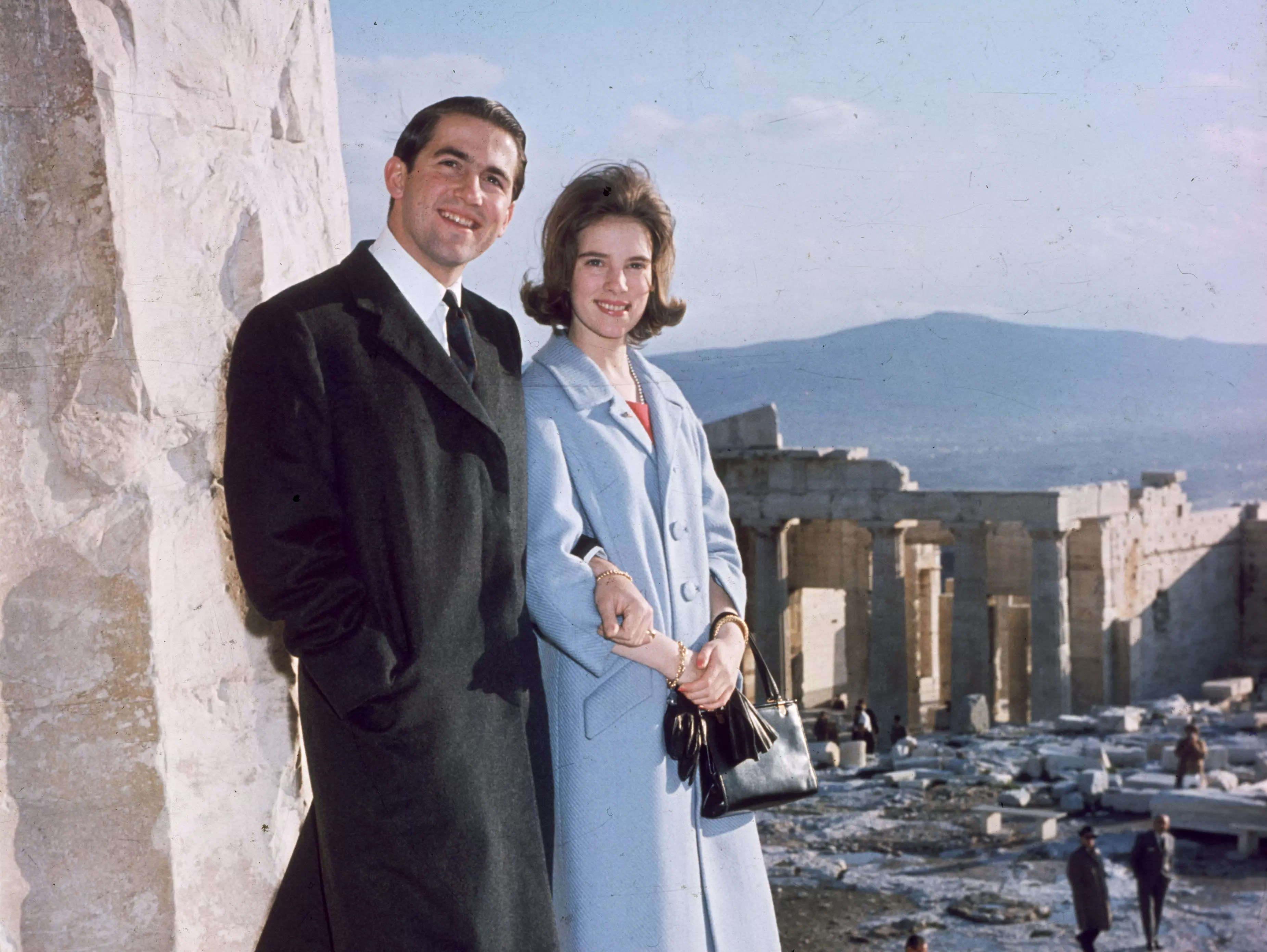 1964: King Constantine of Greece with his fiancee Princess Anne-Marie of Denmark on the Acropolis in Athens.