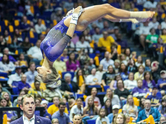 Dunne is a star athlete for the LSU Tigers in Baton Rouge, Louisiana, and has competed at gymnastics championships at the state and national levels over many years.