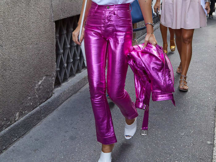 Metallic trousers make a big statement.