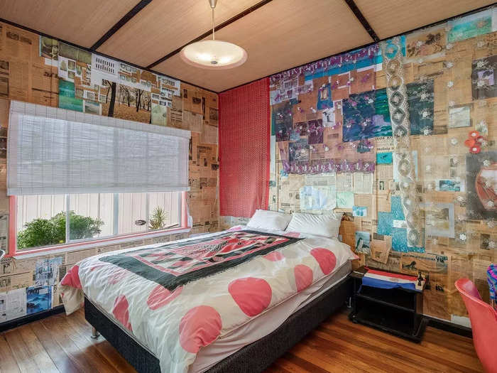 They also tried to incorporate recycled materials into the decor wherever they could — like using old newspapers to cover the walls in the guest bedroom.