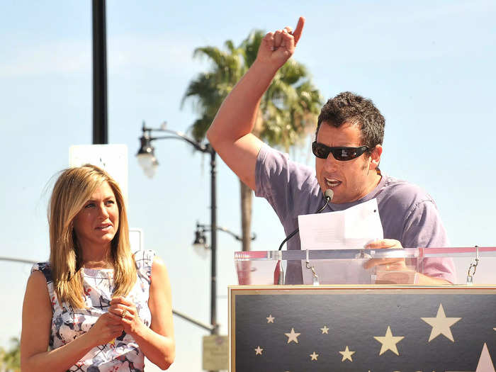 February 2012: Sandler gives a hilarious and heartfelt speech to congratulate Aniston on getting her own Hollywood Walk of Fame star.