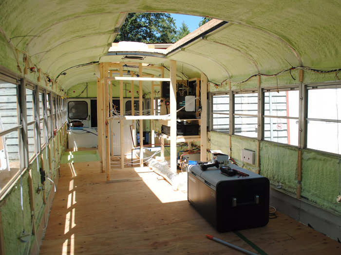 They also laid the subfloor, made of insulation with plywood on top of it. "We saw inspiration online," Nestoruk said. "Seeing that people were out there doing it — and knowing a bus conversion was possible — really inspired us to do it."